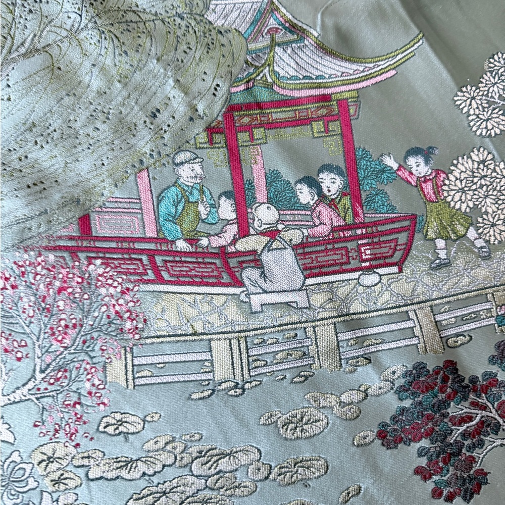 Vintage Unused BROCADE ASIAN pagoda Children Playing Wall Tapestry Tablecloth EC
